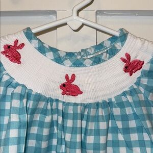XS baby Blue Checkered Dress with pink Bunny Accents smocked style